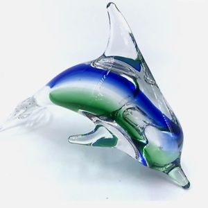 ⭐️ Vintage ⭐️ Blown Art Glass Dolphin Figurine Paperweight Clear Blue Green